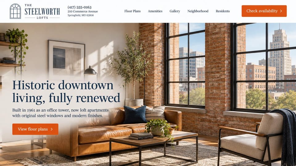 Apartment website design, loft apartments in a converted office tower: white header with a navy wordmark, an address and an orange availability button, a sunlit loft with brick walls, steel windows and a leather sofa, navy serif headline