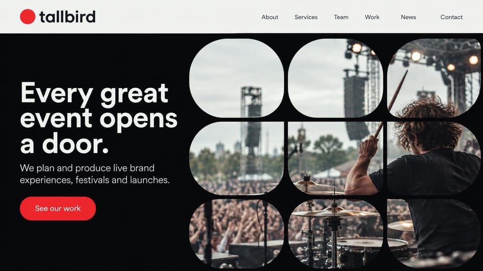 Event planner website design, event production agency with arched photo windows: black hero with a bold white headline, arch-shaped photos of a festival stage, crowd and drummer, red work button