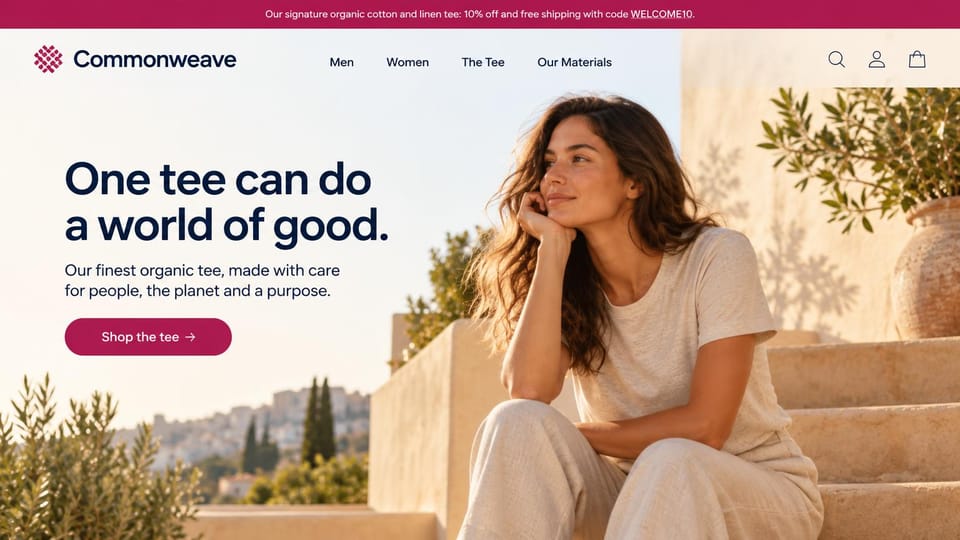 Fashion website design, one signature tee on a sunlit terrace: magenta promo bar, a woman in an oatmeal tee on sunlit terrace steps with olive trees and a hillside town, a bold navy headline and a magenta pill button