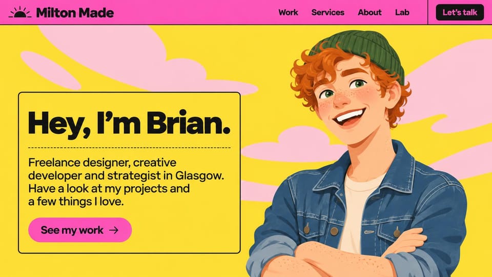 Developer portfolio website design, creative developer, bright and illustrated: sunny yellow page with pink clouds and a pink menu bar, an outlined hello box and a drawn portrait of a smiling man in a beanie