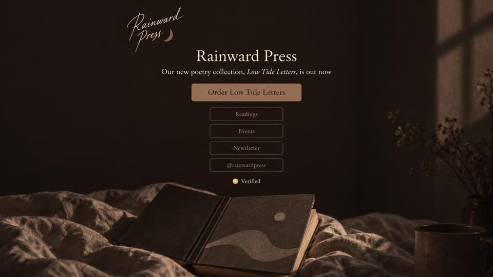Author website design, poetry collection link page: dark brown photo of an open book on a bed, a script logo, a tan order button and outlined links