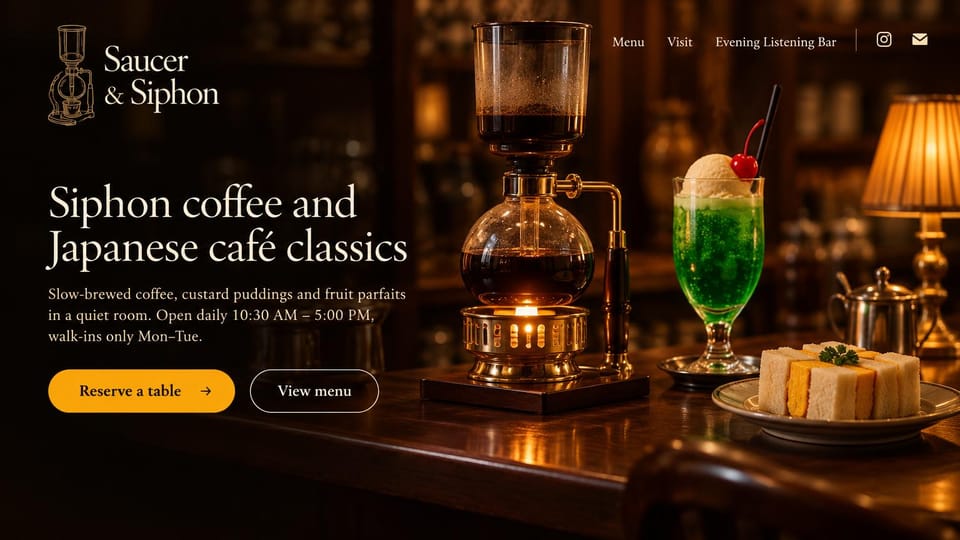 Cafe website design, japanese-style cafe in amber light: dark amber room, a glass coffee siphon and green soda float beside a light serif headline and gold button