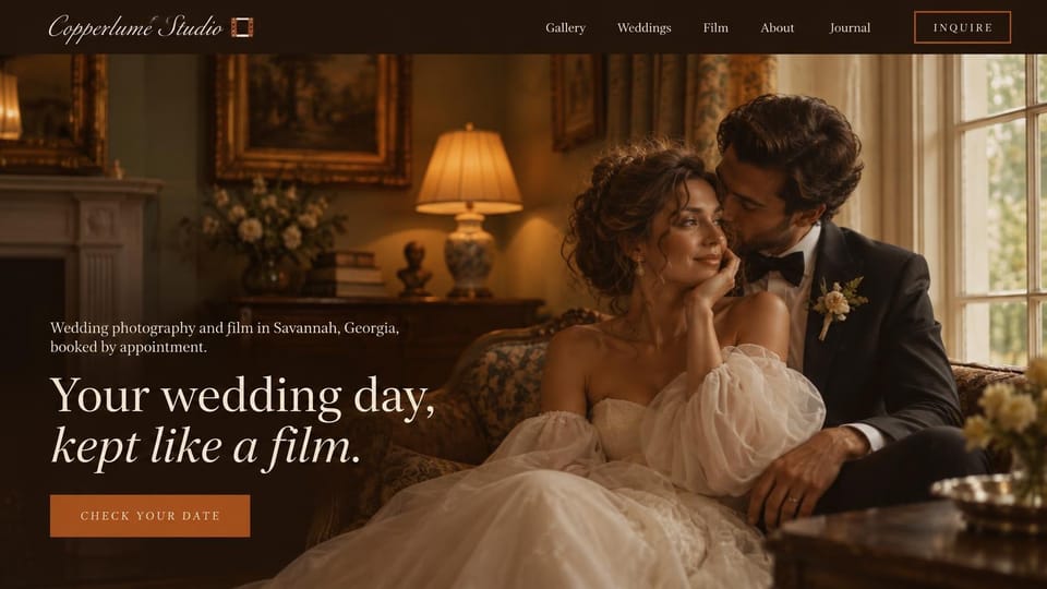 Wedding photographer website design, photo and film studio in a lamp-lit parlor: dark brown header with a script logo, a full-screen lamp-lit parlor photo of a groom kissing a bride on an antique sofa, a cream serif headline and a copper button