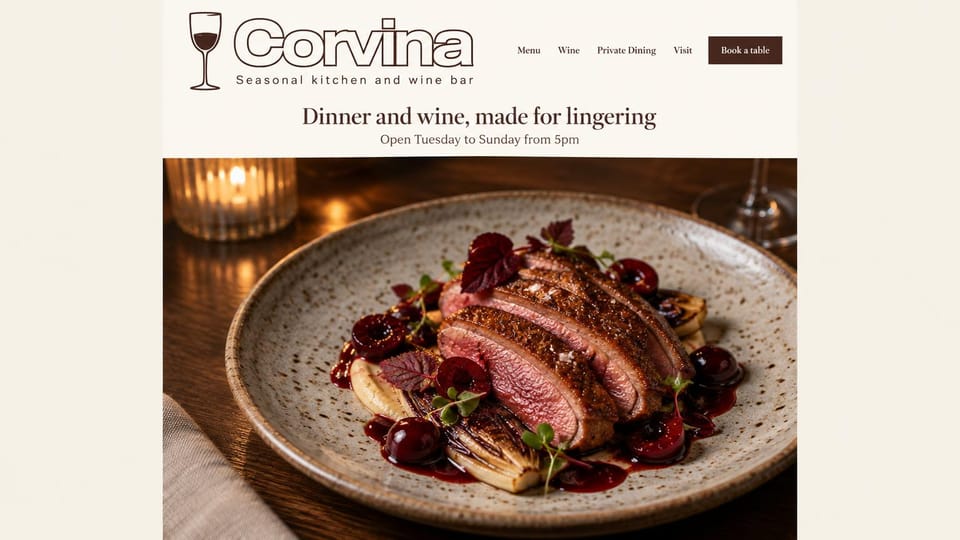 Restaurant website design, wine bar with a framed plate: cream page, a wine glass logo and serif tagline above a framed photo of duck on a plate