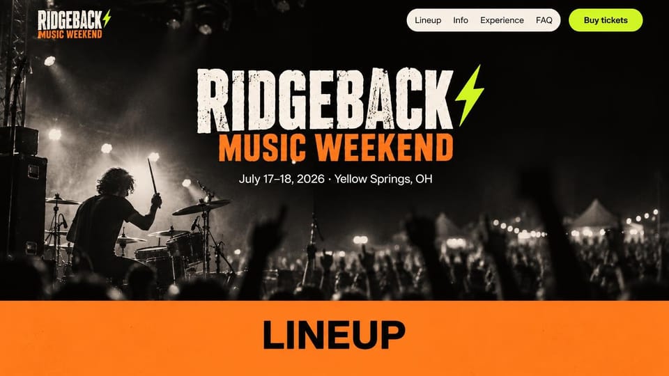 One page website design, music weekend with a lineup band: black and white concert photo, white and orange festival wordmark, bright orange lineup band below, yellow ticket button