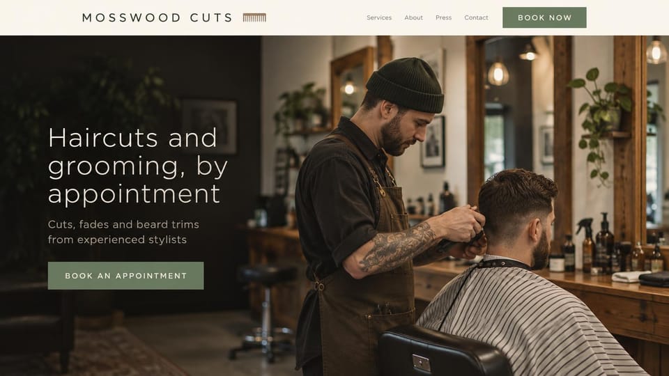 Salon website design, barbershop with a classic chair shot: cream header, a bearded barber in a beanie cutting a client's hair, muted green buttons