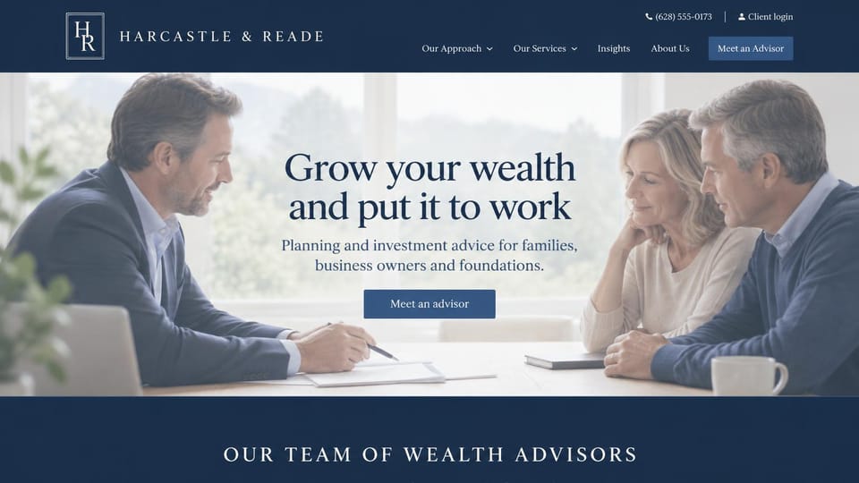 Financial advisor website design, wealth advice over a soft, faded meeting photo: navy header, faded light meeting photo, centered navy serif headline, navy button and a navy team band below