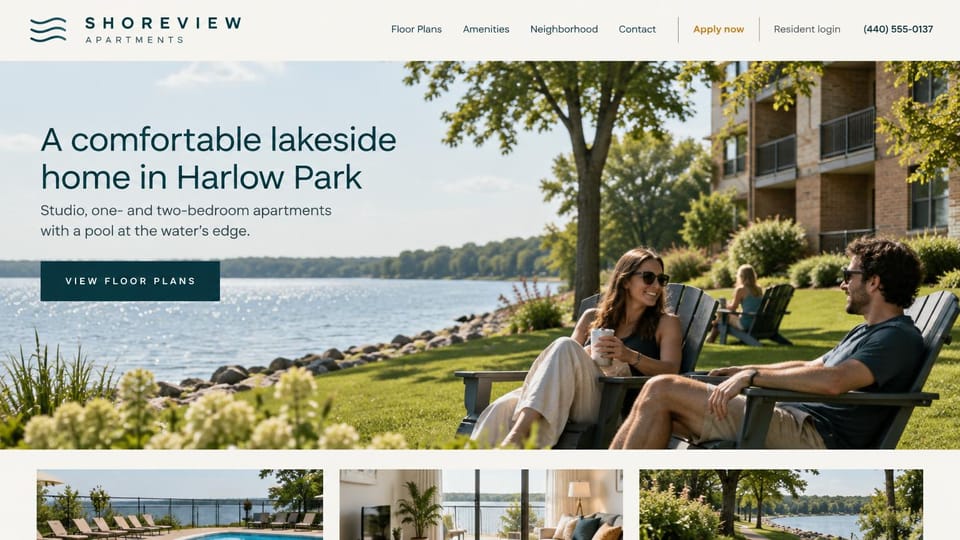 Apartment website design, lakeside apartments with residents on the lawn: cream header with a wave logo, a lakeside lawn with two residents in Adirondack chairs beside a brick building, dark teal headline and button, three photo thumbnails below