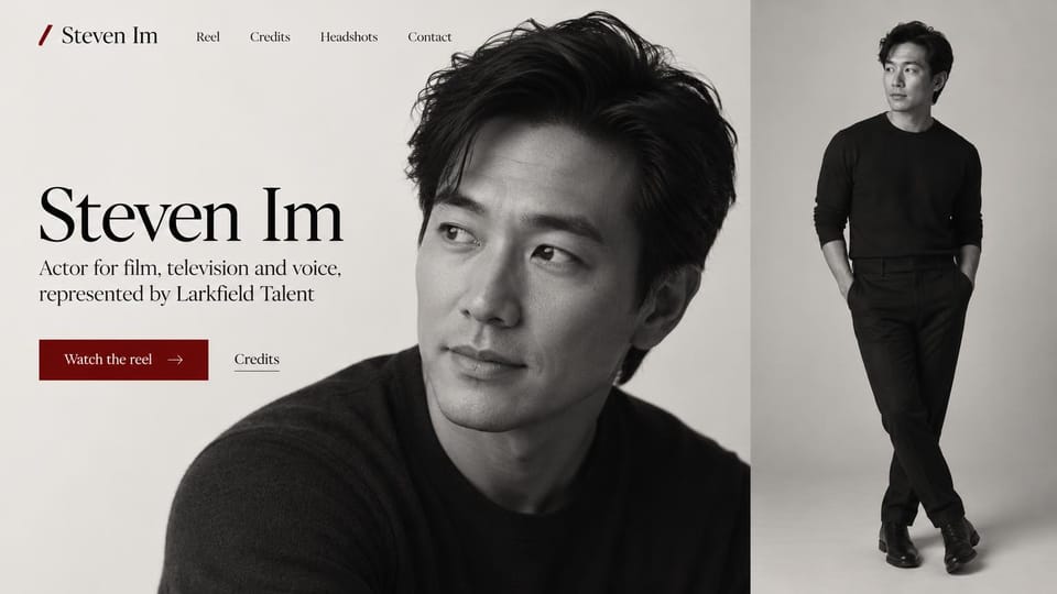 Actor website design, screen actor with a headshot and a full-length shot: light gray page, a black serif name, a deep red reel button, a black and white close-up of a man and a full-length studio photo