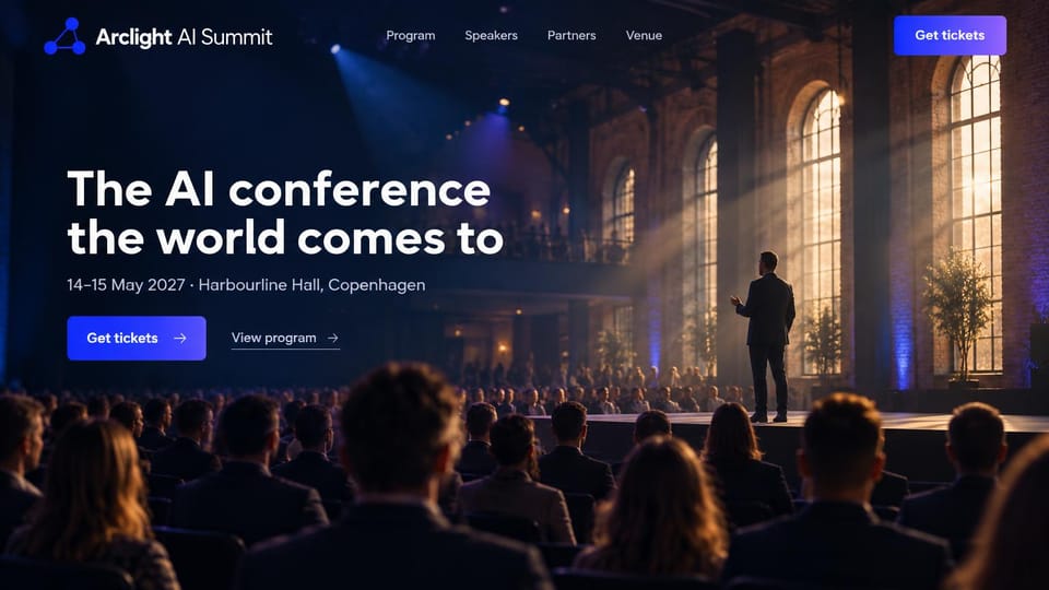 Event website design, large tech conference in a brick hall: dark photo of a speaker on a stage in a brick hall with tall arched windows, white headline, blue ticket button