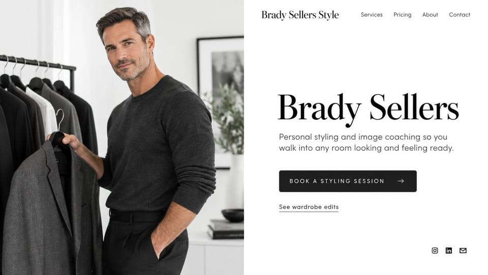 One page website design, personal stylist with a split portrait: white page, a man in a dark sweater beside a clothes rail, large black serif name and a black booking button
