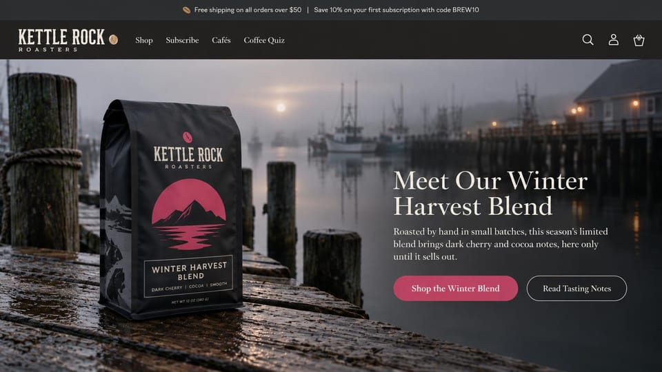 Cafe website design, roaster and cafe on a foggy harbor: dark harbor at dawn, a coffee bag on a wet pier and a cream serif headline with rose buttons