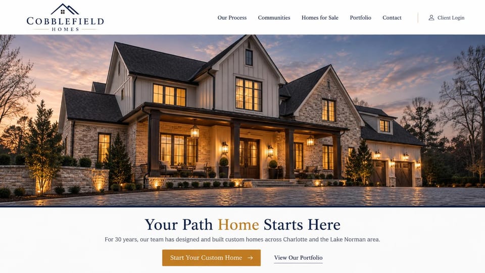 Construction website design, custom home builder with the headline below the photo: a stone and white board-and-batten home lit at dusk, a navy and gold serif headline below it and a gold button