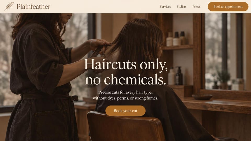 Salon website design, haircuts-only salon with one clear promise: cream header, a stylist cutting a client's hair in a dim wooden salon, centered serif headline and an amber button