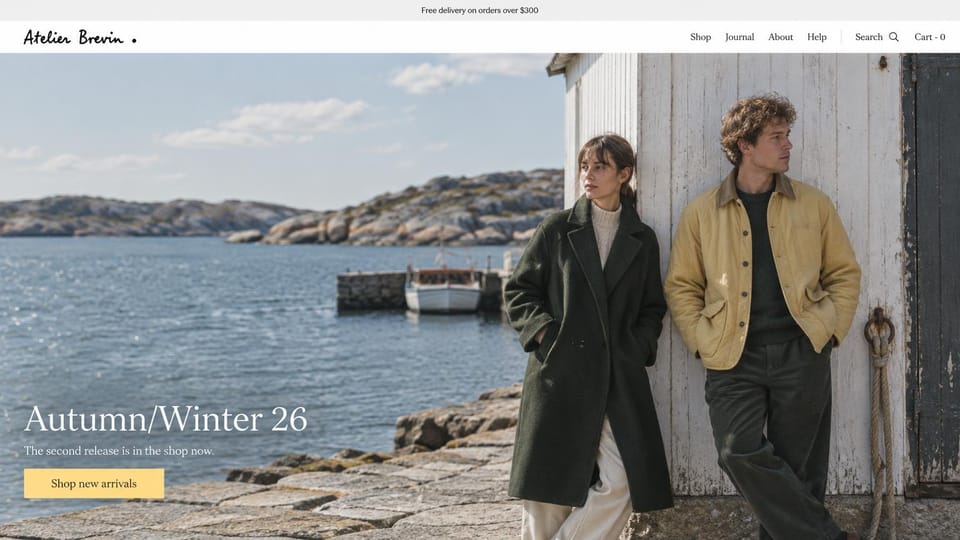 Fashion website design, coats for two by a seaside boathouse: white header with a handwritten logo, a woman in a dark green wool coat and a man in a mustard jacket against a white boathouse on a rocky harbor, a white serif headline and a pale yellow button