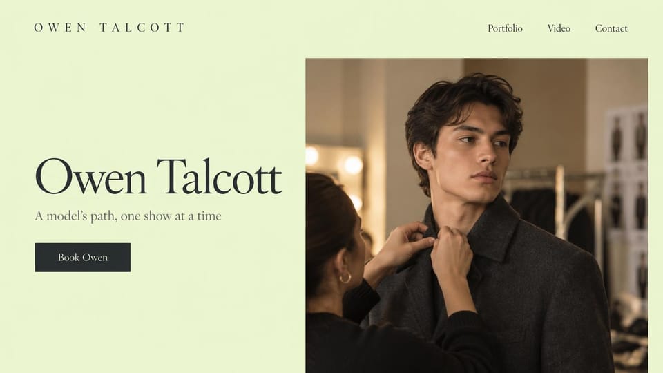 Model portfolio website design, male model on pale green with a backstage fitting: pale green page with a large serif name, a short line, a charcoal booking button and a backstage photo of a dresser adjusting a man's coat collar by mirror lights and a clothing rail