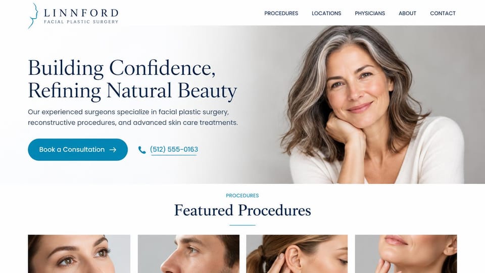 Medical practice website design, facial plastic surgery with featured procedures: white and pale gray, a navy serif headline and blue consultation button beside a smiling gray-haired woman, close-up procedure photos below