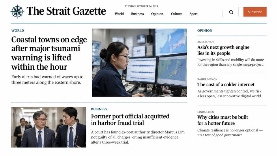 News and magazine website design, regional daily with an opinion column: white page, black serif headlines, teal rules and labels, rust subscribe button, a woman watching seismic monitors