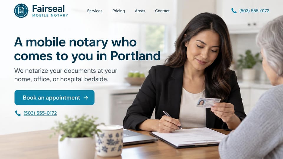 Notary website design, mobile notary checking ID at the table: white page, a navy sans headline, a teal booking button, a notary holding an ID card while a gray-haired client signs