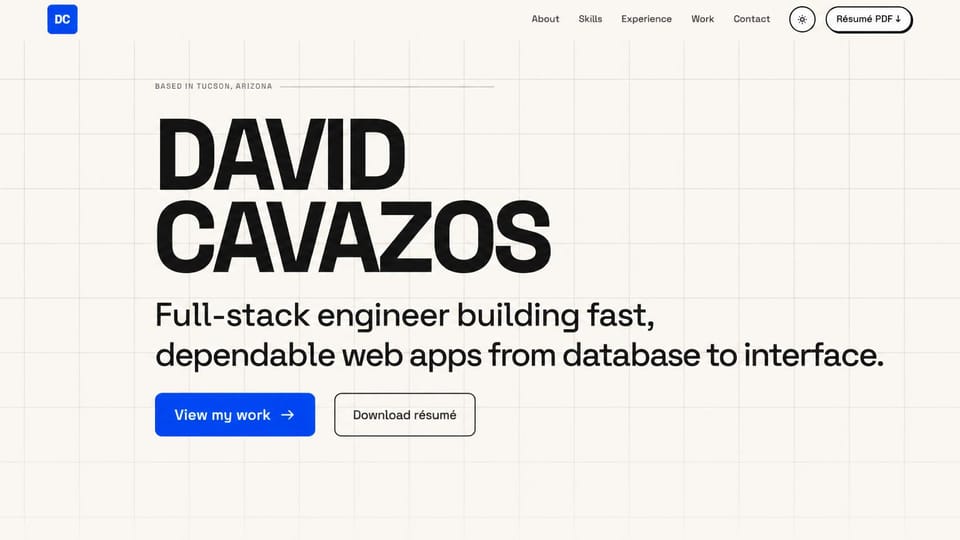 Developer portfolio website design, full-stack engineer with a name in giant capitals: cream page with a fine grid, a huge bold black name in capitals, a large black role line, a blue view my work button and an outlined download résumé button