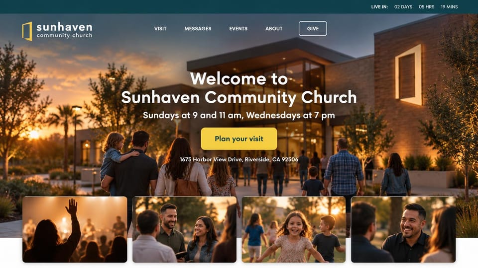 Church website design, community church at sunset with a photo strip: a church at sunset with families outside, a yellow button and four photo tiles along the bottom