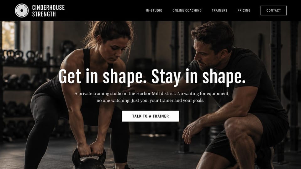 Personal trainer website design, studio and online training with a two-sentence promise: black menu bar, a full-width dark gym photo of a coach watching a woman lift a kettlebell, a centered white condensed headline, a short serif line, a white talk to a trainer button