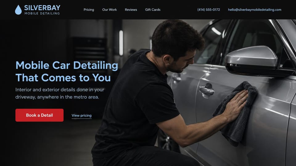 Car detailing website design, mobile detailing in black and pale blue: black page, a pale blue headline, a red book button and a pricing link, a detailer in a black T-shirt wiping a gray car's door in a dark garage