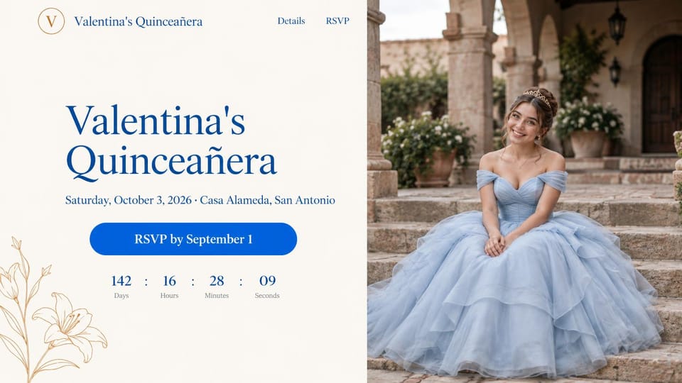 One page website design, quinceaƱera invitation with a countdown: white left half with blue serif title, blue RSVP button and countdown, a girl in a pale blue gown on the right