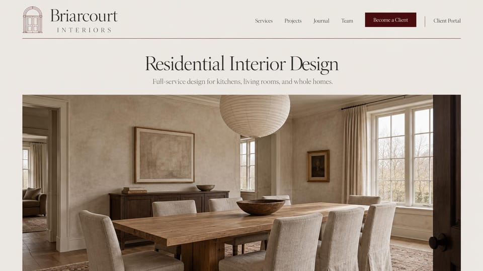 Interior design website design, kitchens and whole homes under a centered serif heading: cream page, an arched doorway logo, a burgundy become a client button, a large centered serif heading and a framed dining room with a paper lantern and linen chairs