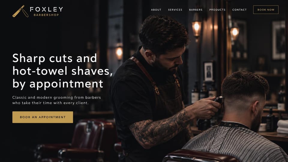 One page website design, barbershop in dark tones: dark photo of a tattooed barber trimming a client, white headline, gold booking button