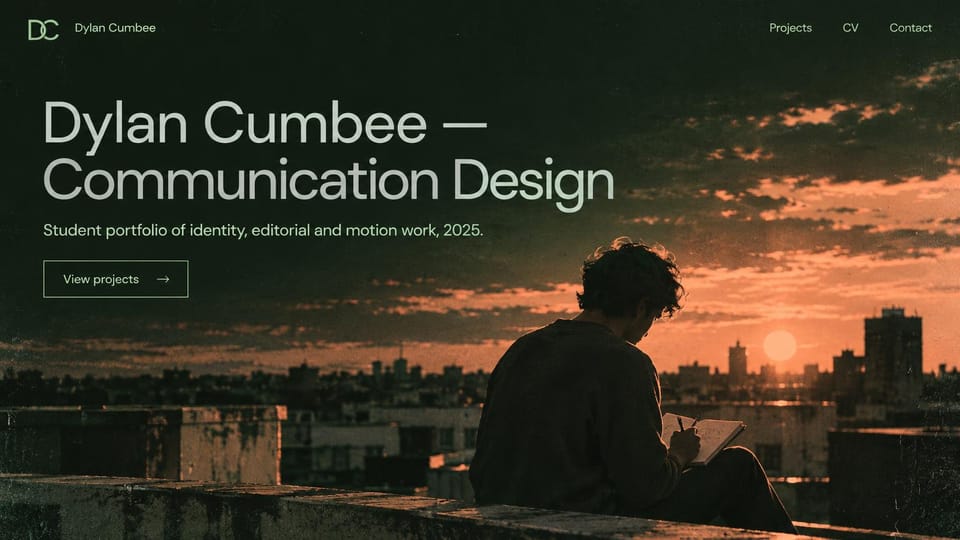Resume website design, communication design student with a dusk rooftop photo: dark green and orange dusk photo of a young man sketching on a rooftop over a city, a large pale green name and an outlined projects button