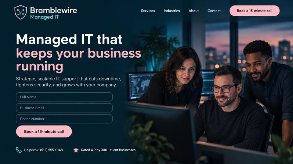IT company website design, managed IT with a call form in the hero: dark navy page with a dusk skyline, white and pink headline, a three-field form with a pink call button, three colleagues at monitors