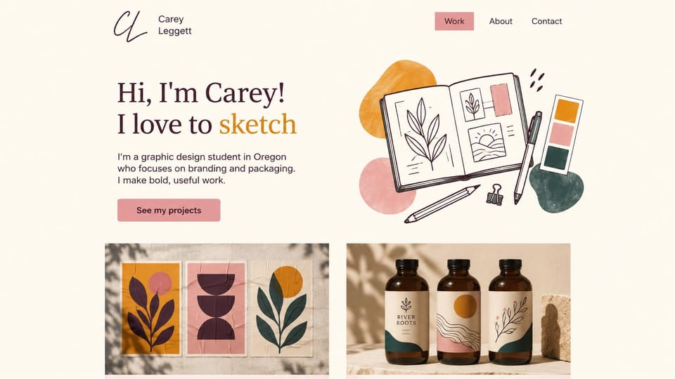 Resume website design, graphic design student with a drawn sketchbook: cream page, a plum serif hello with one word in gold, a pink projects button, a drawn sketchbook and pencils, and poster and bottle projects below