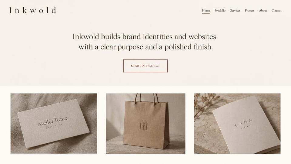 Graphic design portfolio website design, stationery and identity, centered and calm: cream page, letter-spaced wordmark, centered serif headline, red outlined button, three photos of business cards and a paper bag