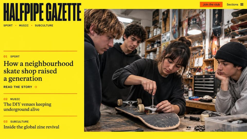 News and magazine website design, skate and music magazine on bright yellow: bright yellow page, black condensed masthead, orange join button, three stacked serif headlines with orange rules, a photo of teenagers fixing a skateboard in a workshop