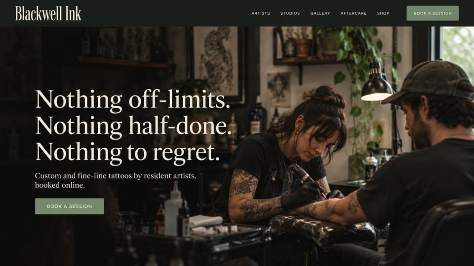 Tattoo website design, fine-line studio with a three-line promise: near-black page, a tattooer inking a client's arm under hanging plants, a large white serif headline in three short lines, a sage green button