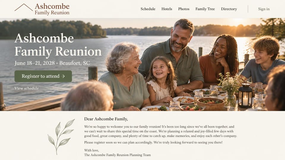 Event website design, family reunion with a welcome letter: cream page, brown serif logo, sunset photo of a family dinner by the water, green register button, signed welcome letter with a leaf drawing