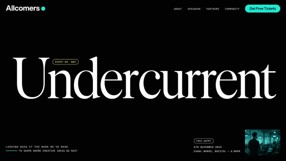 One page website design, free creative event with one huge word: black page, giant white serif event name, small yellow tag, mint free tickets button and a small photo of a speaker