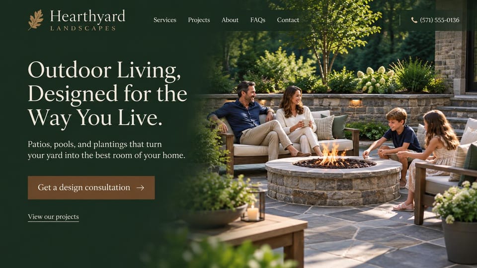 Landscaping website design, outdoor living with a family by the fire pit: deep forest green panel with an ivory serif headline and brown consultation button, blending into a photo of parents and two children around a stone fire pit