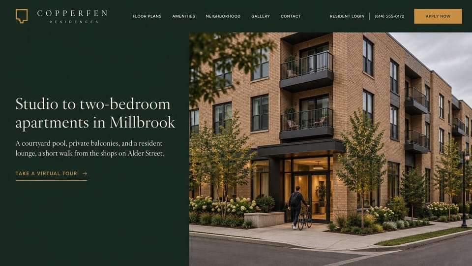 Apartment website design, town center apartments in forest green and gold: forest green page with gold accents, a white serif headline at the left, a tan brick mid-rise with balconies and a resident wheeling a bike to the door