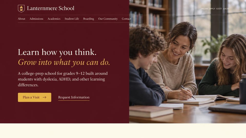 School website design, learning differences college prep in burgundy: burgundy panel with a cream serif headline and a gold italic line, a teacher and students at a library table