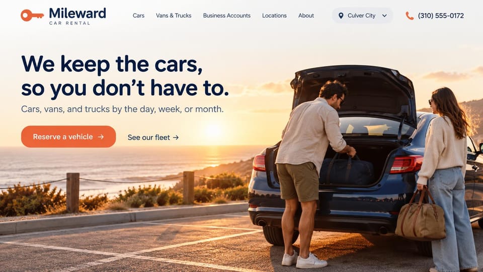 Car rental website design, car, van and truck rental at a coastal sunset: light page, a navy headline and orange reserve button beside a couple loading bags into a blue sedan at a coastal sunset