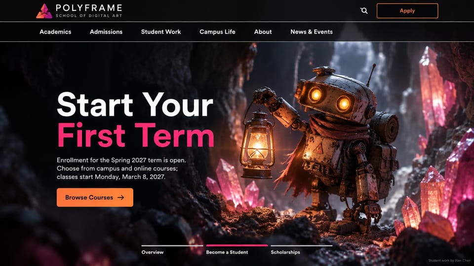 School website design, digital art school led by student work: black, a rendered robot holding a lantern in a crystal cave, a white and pink headline and an orange button