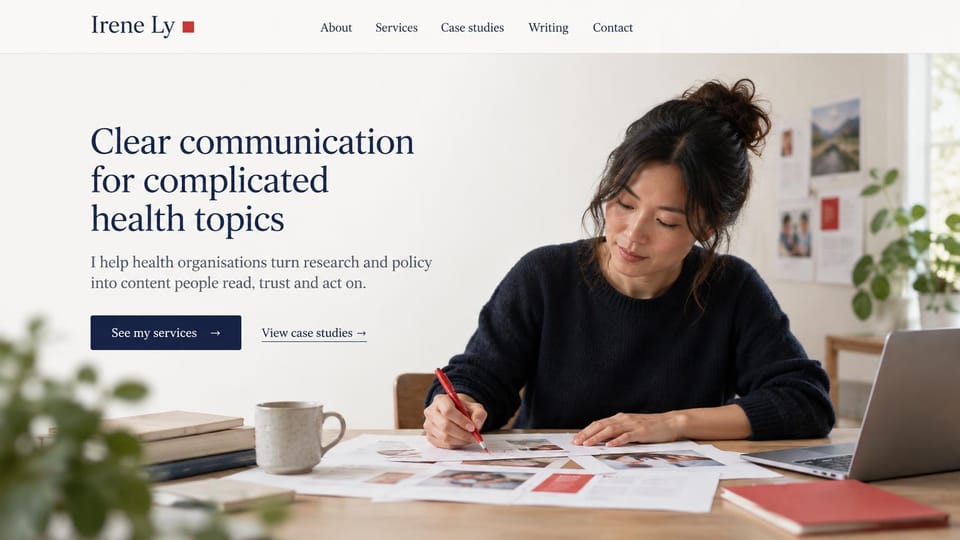 Marketing portfolio website design, health communications, calm and clear: white page, a navy serif headline and a woman editing printouts with a red pen at a bright desk