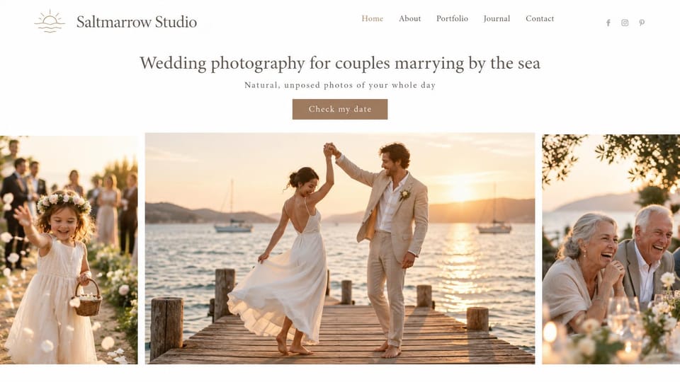Wedding photographer website design, seaside wedding photographer with three sunset photos: white page, a centered serif headline and taupe button, three sunset photos of a flower girl, a couple dancing on a dock and a laughing older couple