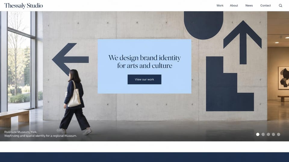 Agency website design, identity studio for arts and culture: museum hall with large navy arrows on a concrete wall, a pale blue card with a serif line