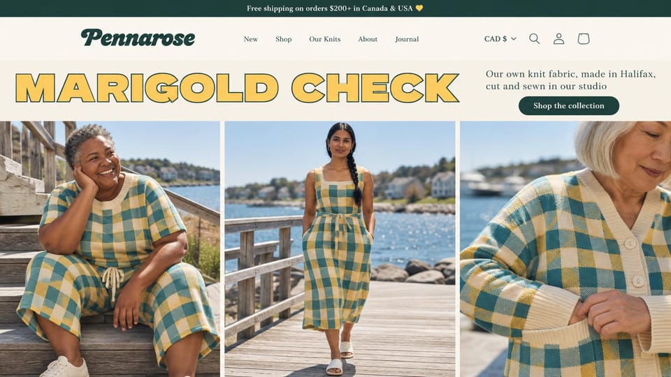 Fashion website design, checked knitwear under a giant yellow headline: cream header with a bold script logo, a huge outlined yellow display headline, three harborside photos of women of different ages in teal and yellow checked knits