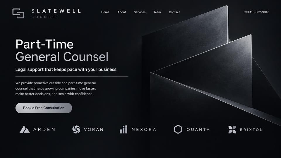 Law firm website design, outside general counsel, styled like tech: black and silver, sculptural panels beside the headline and client logos below