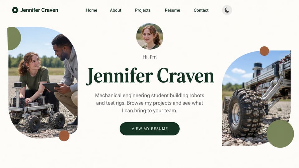 Engineering portfolio website design, robotics student with rounded field photos: off-white page, a large deep green serif name, a round portrait and rounded photos of students with outdoor robots