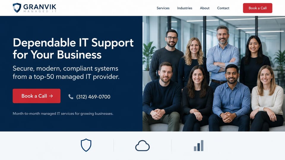 IT company website design, managed IT with the whole team on the first screen: white header with a red call button, a navy panel with a white headline, red button and phone number, a group photo of the staff in an office, three outline icons below